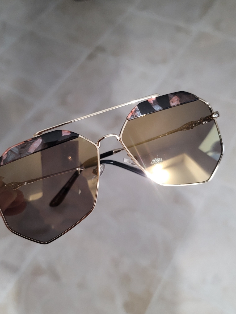 Gold Frame Hexagon Sunglasses with Black & Pink Accents